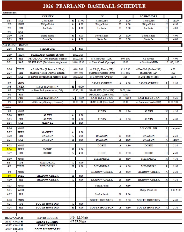 PHS Baseball 2026 Schedule